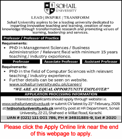 Sohail University Karachi Jobs 2026 February Apply Online Teaching Faculty Latest