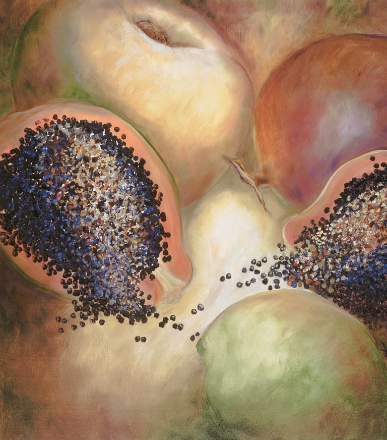 a painting of a fruit bowl with fruit by Sandra Forzani
