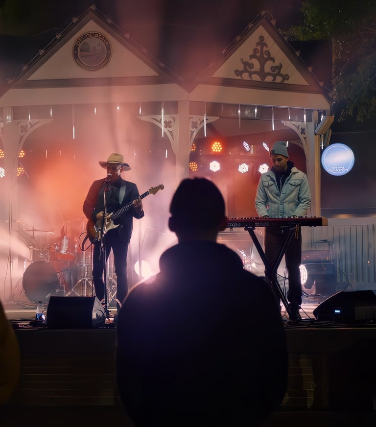 Live outdoor concert at night with a guitarist and keyboardist performing on a lit stage under a dec