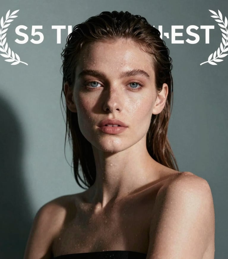 A sharp, high-fashion commercial portrait of a model in a high-contrast setting with muted slate blue-green shadows.