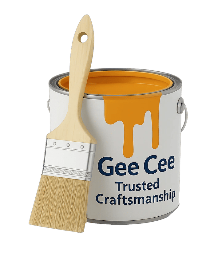 Gee Cee Painting logo featuring a wooden brush, a white paint can with orange drips labeled ‘Gee Cee Trusted Craftsmanship.’