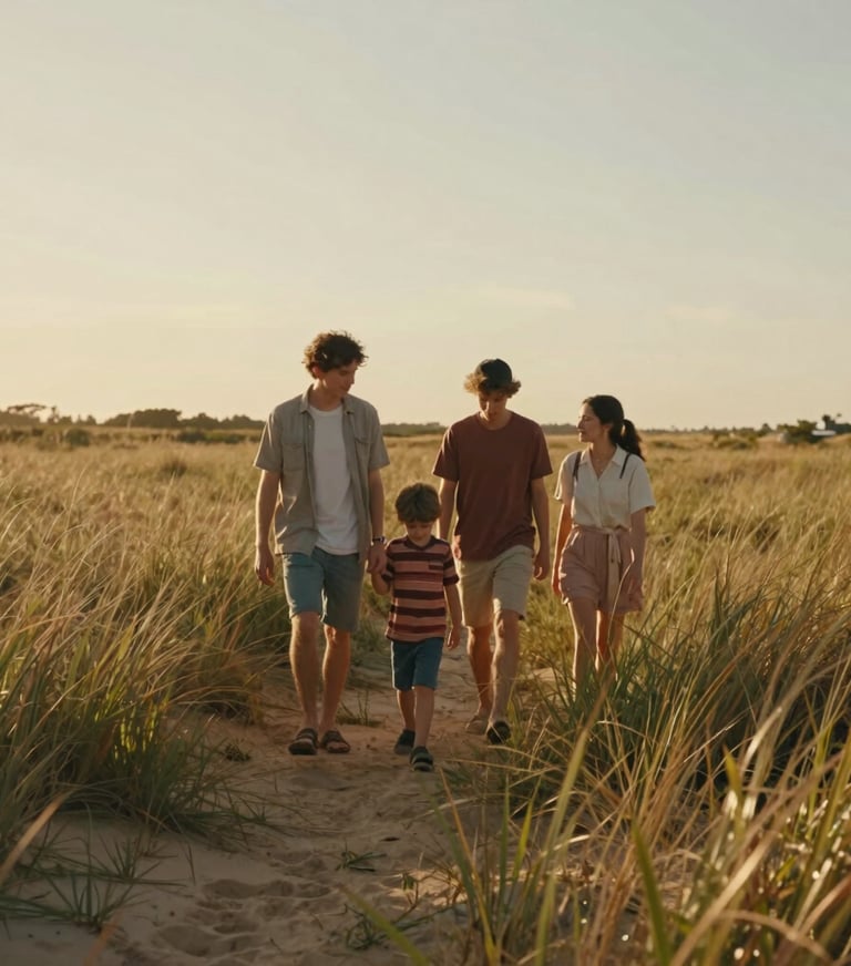 A cinematic landscape shot of a young family walking through tall grass at golden hour, warm sun-drenched lighting, soft sand and terracotta hues.