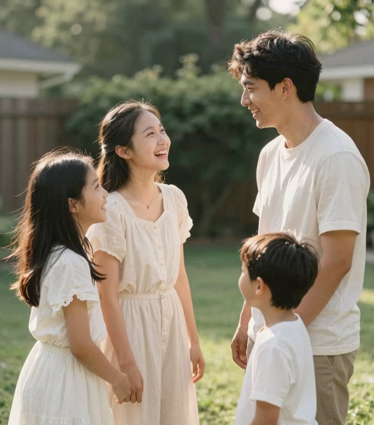A young family playing together in a North American / US backyard, natural and candid style, soft sunlight, focus on genuine laughter, Warm Off-white and Sage Green color palette.