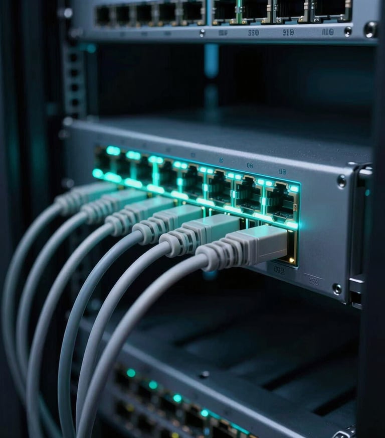 A professional photograph of a glowing network switch in a dark server room. The cables are organized with extreme precision. Muted teal and soft steel blue lighting creates a high-tech atmosphere.
