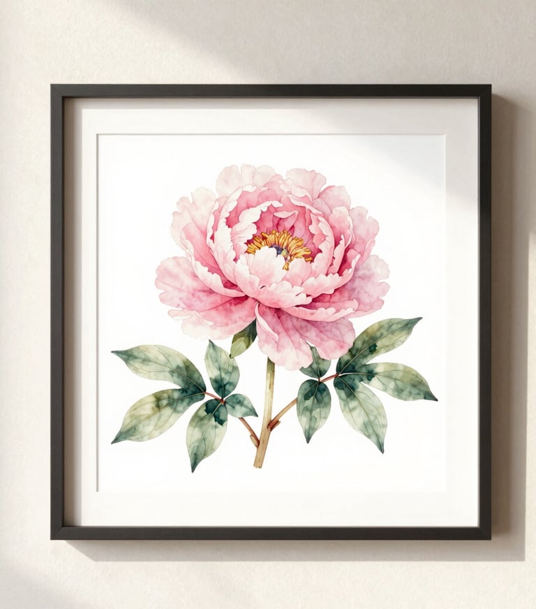A clean, bright photograph of a framed watercolor painting of a soft pink peony with sage green leaves, hanging on a cream-colored wall under soft, natural morning light.