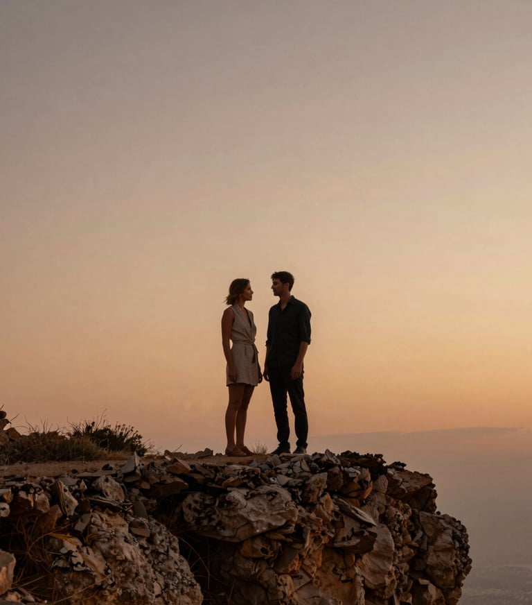 A wide cinematic shot of a couple standing on a cliffside in Southern Europe at sunset. The sky is a gradient of terracotta and pale tan. They are dressed in casual, refined elegance.