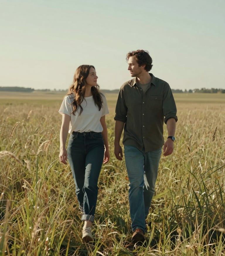 Lifestyle shot of a couple walking through a field of tall grass, North American countryside, hazy sun-drenched atmosphere, cinematic candid style.
