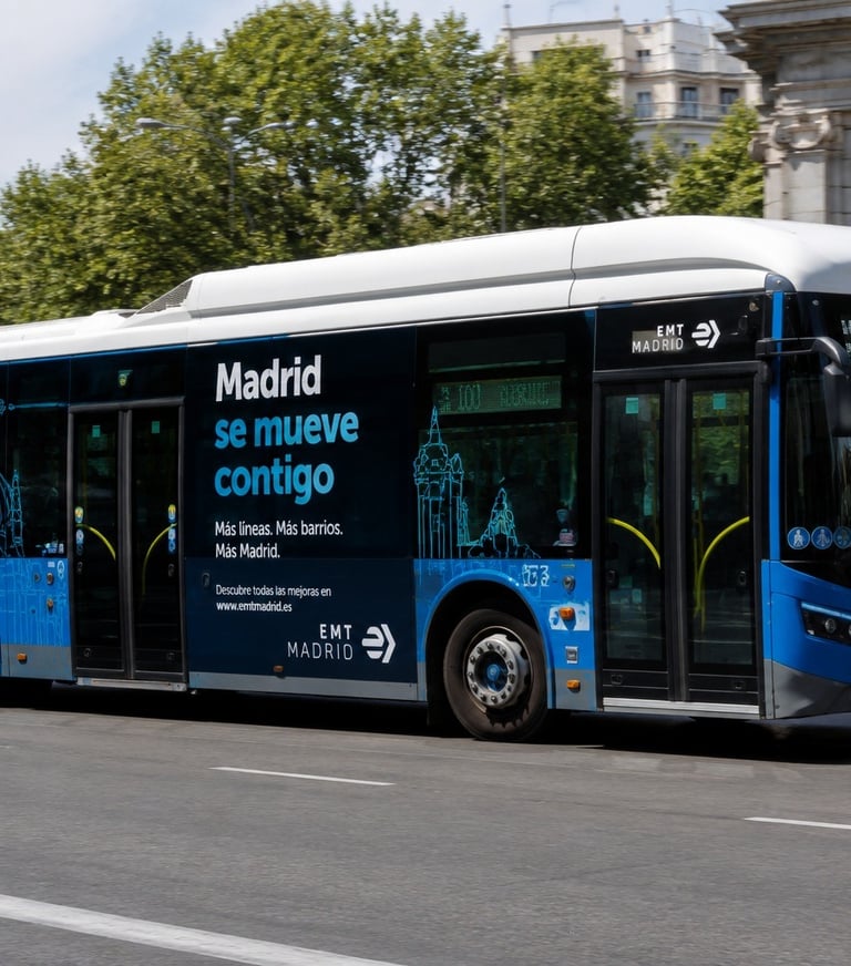 Autobús con publicidad exterior en Madrid circulando por la Puerta de Alcalá
