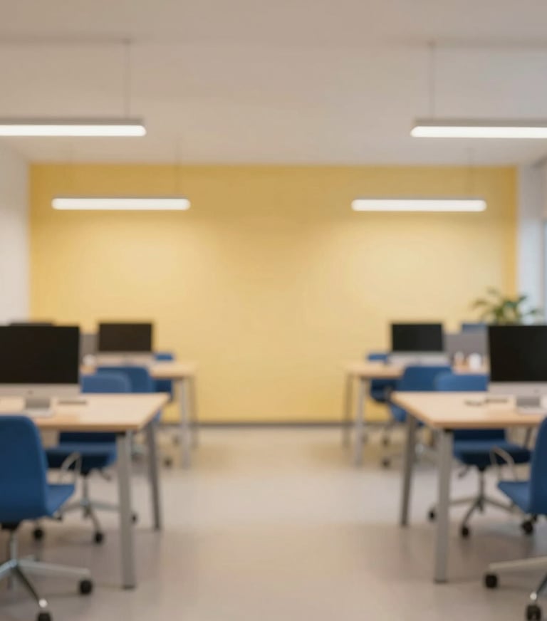 Wide shot of a minimalist, tech-forward co-working space with blue chairs and warm yellow lighting accents.