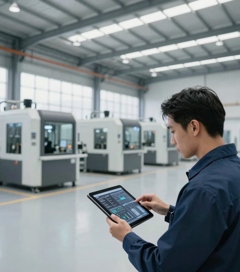 Wide shot of a modern, clean industrial facility interior, with advanced machinery in the background and a technician reviewing a digital schematic on a tablet in the foreground. Natural diffused daylight, desaturated cool tones, high contrast.