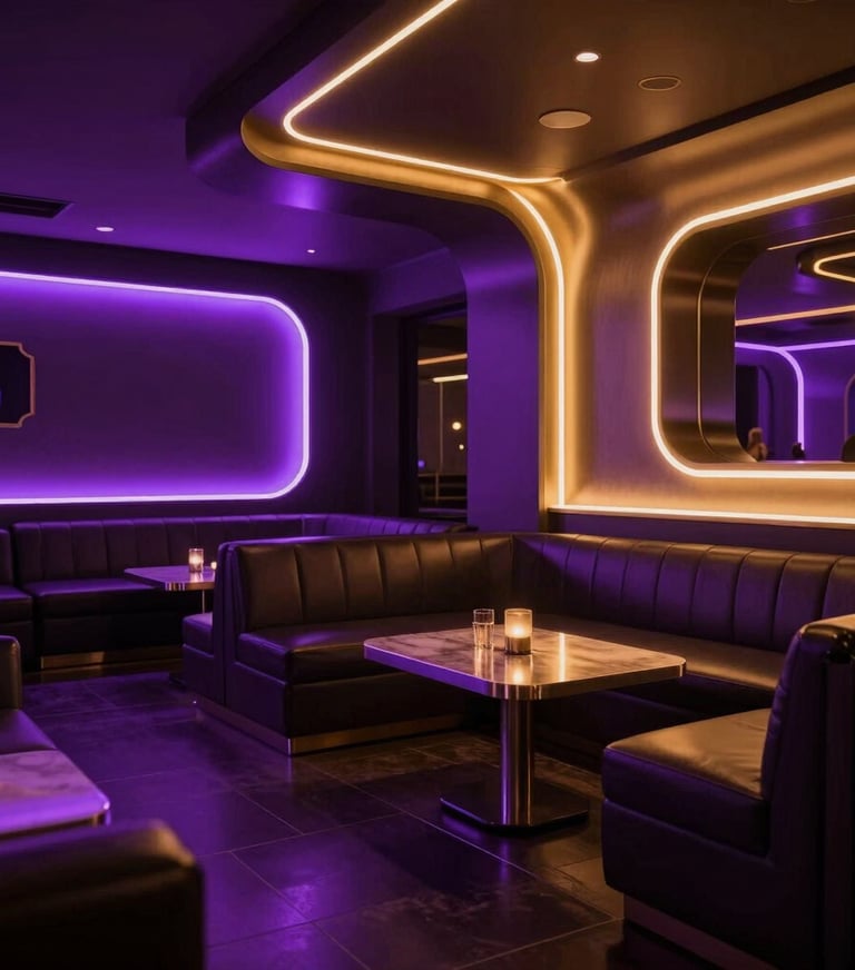 Cinematic wide photography of a sophisticated dark-mode nightclub lounge, glowing neon lines of deep purple and warm gold outlining the luxury seating, Latin American / Global style.
