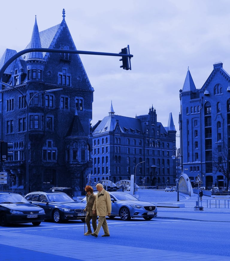 a couple cross the street without a care in their world