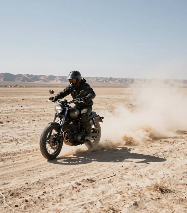 An action photograph of a custom motorcycle rider traversing a sun-bleached dry lake bed, kicking up a dramatic trail of off-white dust. The lighting is harsh and high-contrast, featuring a vast Global / Western desert horizon.