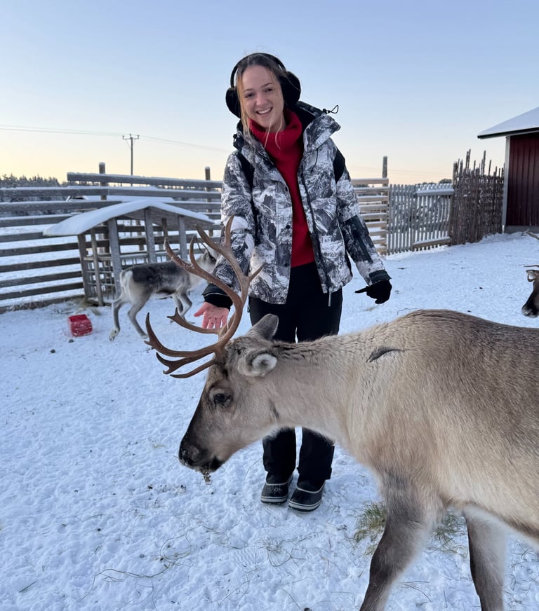 girl smiling while feeding reindeer