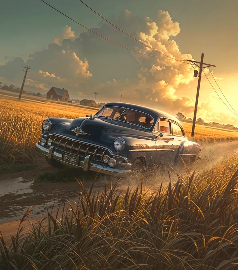 Concept art for Fugitives: Illustration of a vintage car speeding in a farm landscape