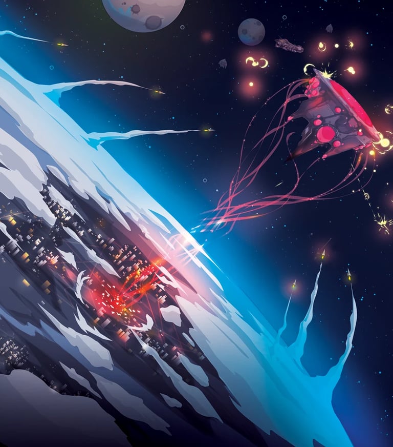 Concept art for the game Stars of Akarios: Giant alien mothership firing at the surface of a planet