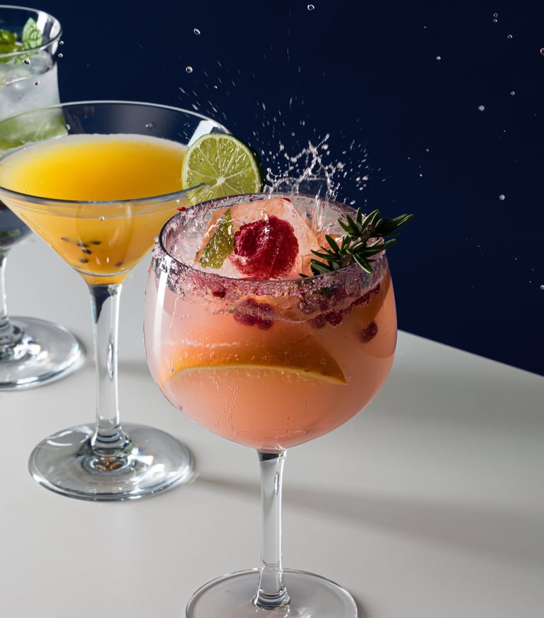 Product photography - a variety of cocktail drinks in glasses