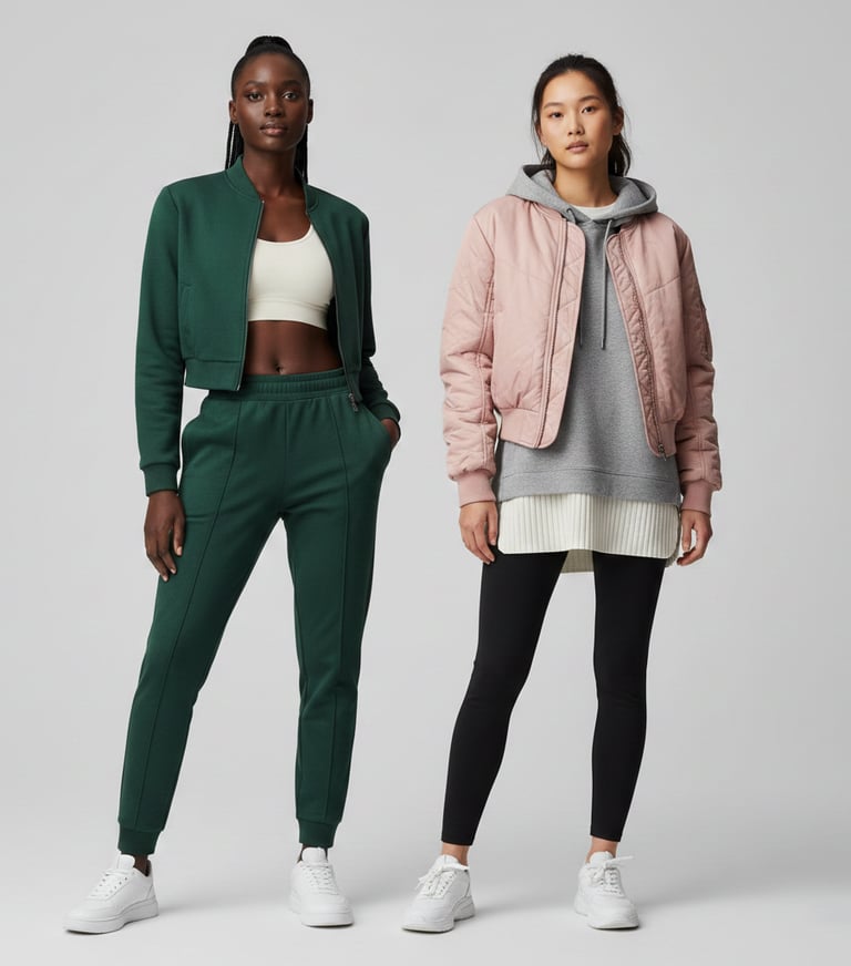 two women in jackets and pants standing next to each other