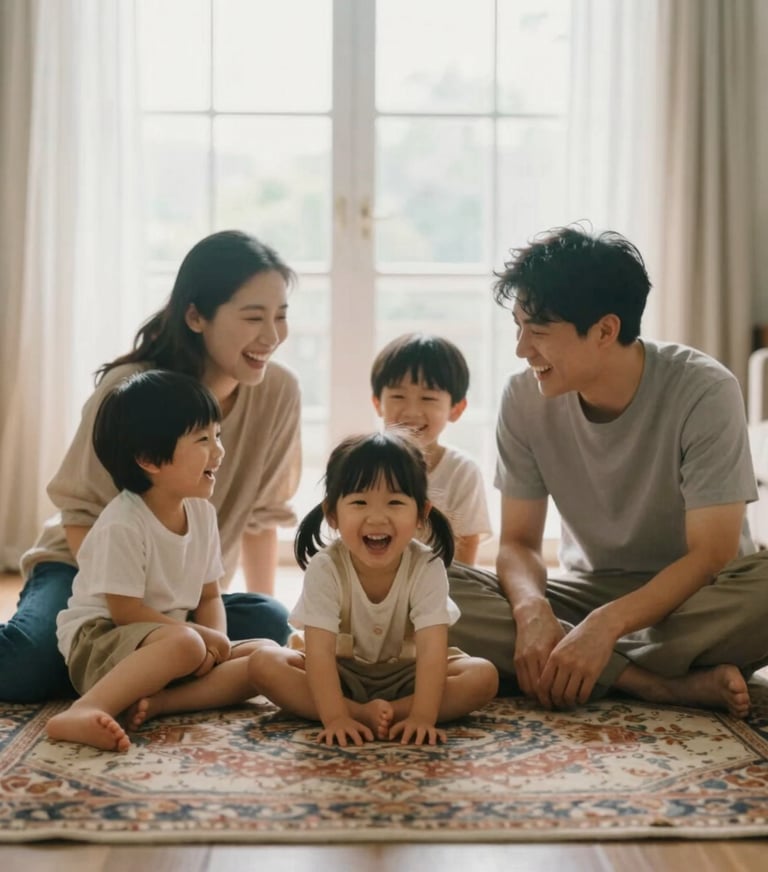 A family laughing together on a vintage rug, soft textures, natural window light, cinematic lifestyle composition.