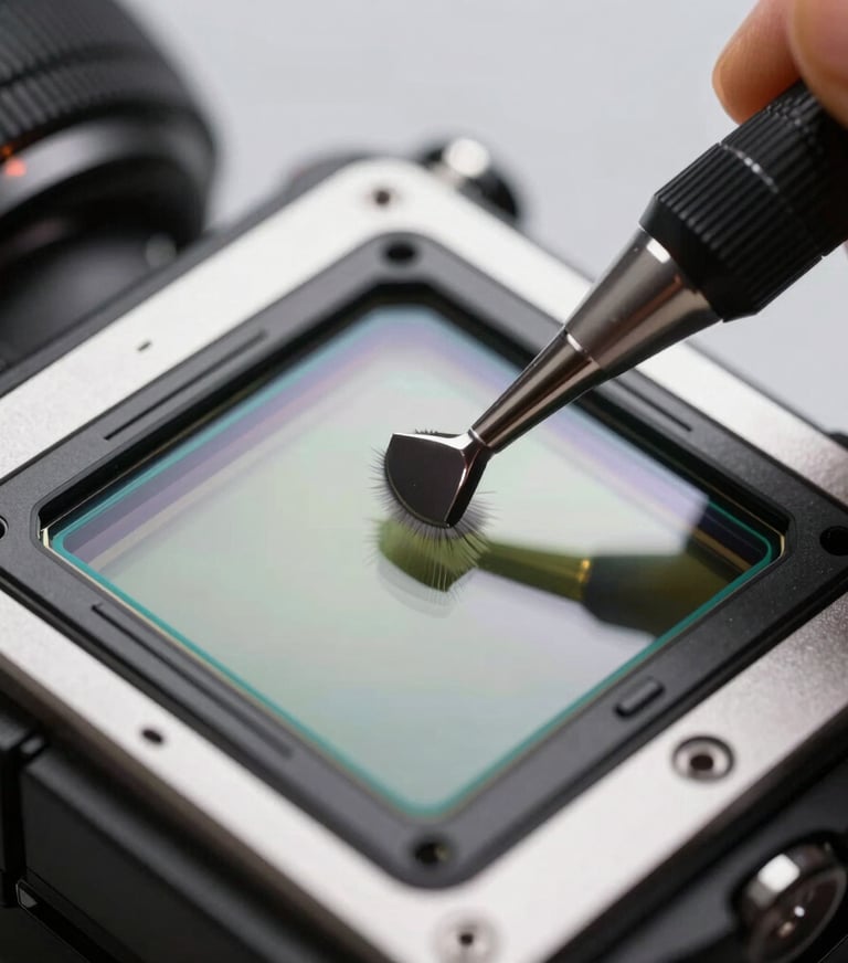 A macro shot of a camera sensor being cleaned with specialized tools, reflecting light silver and charcoal gray tones, clinical and precise composition.