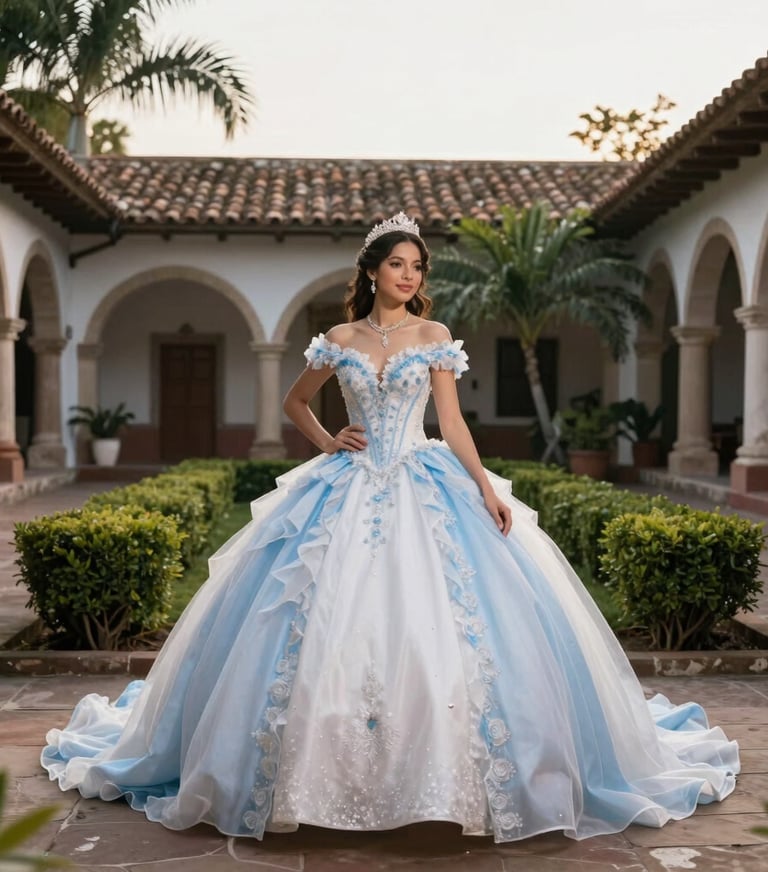A beautiful quinceañera in a flowing gown posing in a lush South American / Colombian colonial courtyard, soft morning light, soft white and sky blue accents.