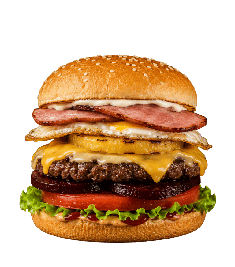 Aussie Legend Burger with beef patty, bacon, fried egg, pineapple, beetroot, tomato and lettuce on a