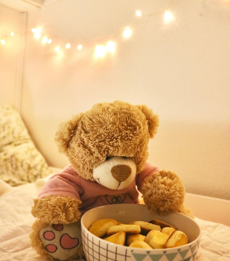 Photo montrant un ours en peluche devant un bol de friandises