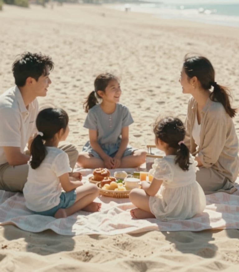 Cinematic shot of a family picnic on a Soft Sand (#F7F2EB) colored blanket, sun-drenched environment, authentic interaction and candid smiles.