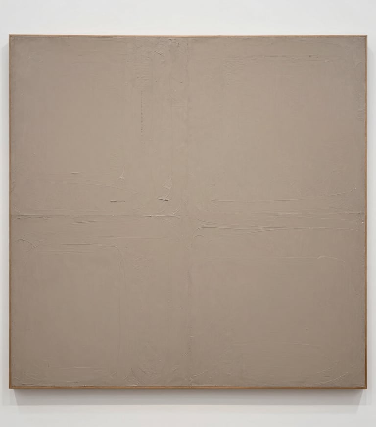 A large-scale minimalist painting with thick Earthy taupe and Soft off-white impasto textures, hanging on a white wall in a South American / Argentine gallery.