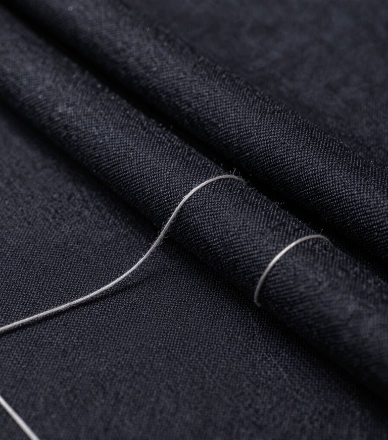 A detail-focused photography shot of high-quality dark fabric textures interlaced with light grey threads. The lighting is dramatic and focused, highlighting the professional craftsmanship of the materials.