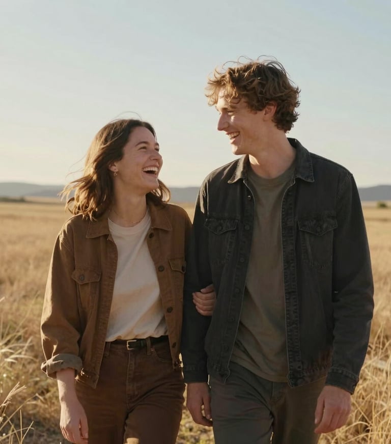 Candid cinematic portrait of a young couple laughing in a North American / US meadow. Golden sun-drenched light, soft sand tones, wearing brown and charcoal clothing.
