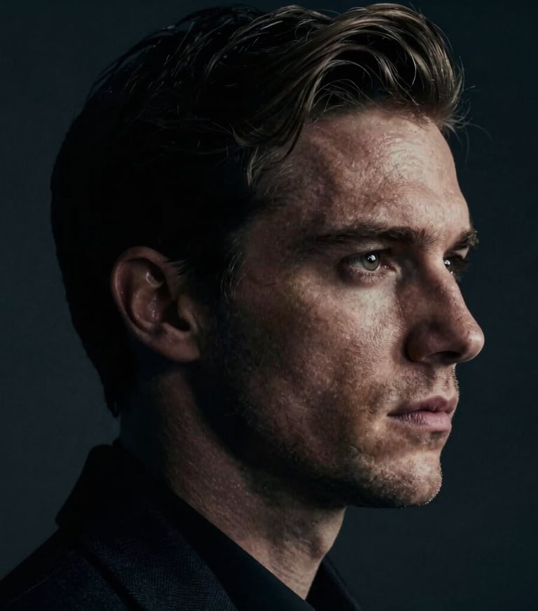 A close-up cinematic portrait of Julian Vance, side profile in chiaroscuro lighting, deep #0F0F0F shadows, subtle #A8A8A8 skin texture, intense and professional.