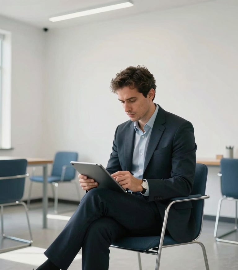 A photograph of a North American / US professional engaging with a tablet in a bright office lounge, with cloud white walls and minimalist steel blue furniture.