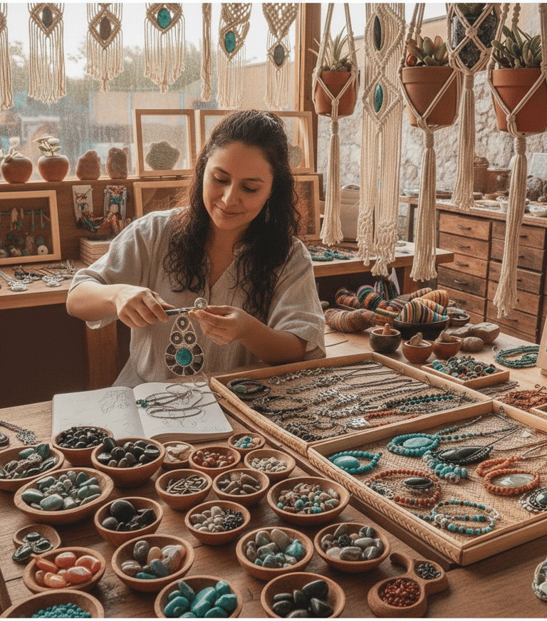 Joyero artesanal creando collares de piedras preciosas hechos a mano