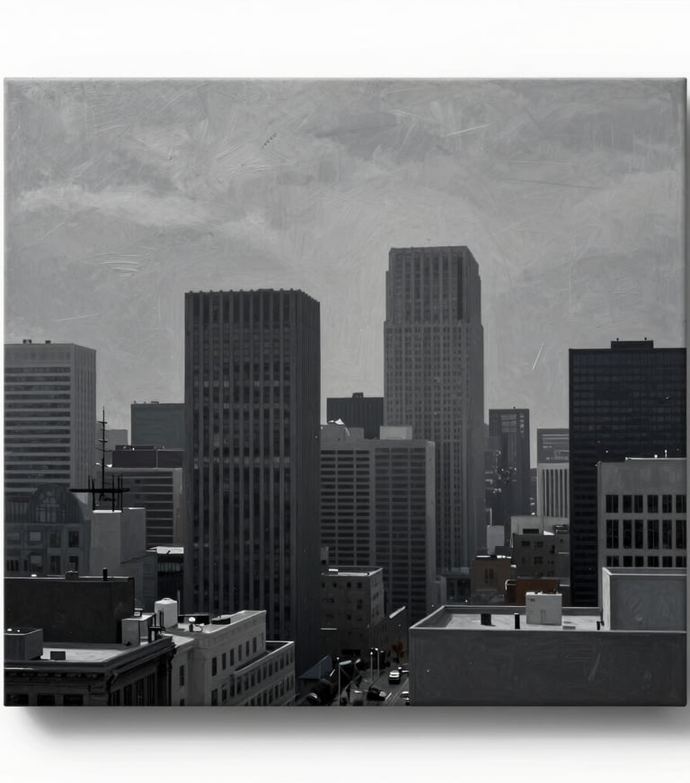 An abstract urban landscape painting using a palette of grey and dark charcoal, capturing a sense of silence and solitude in a modern North American city context.