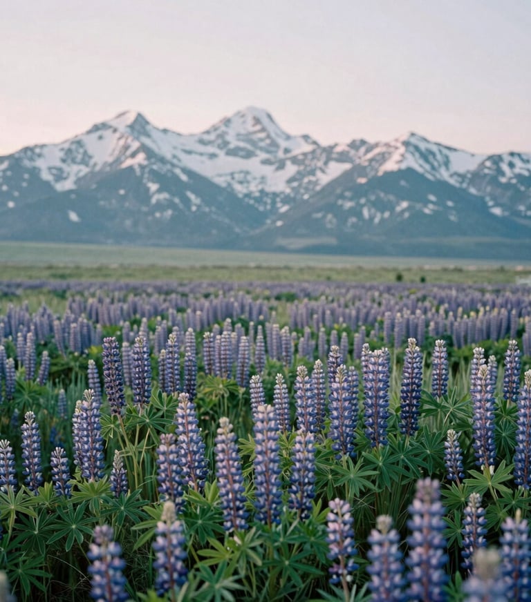 A field of purple lupines stretching toward snow-capped North American / US mountains, soft morning light, sage and mint green palette, serene and simple composition.