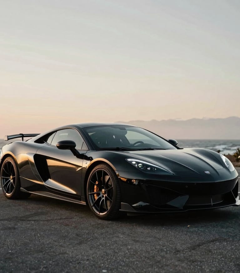 A sleek black luxury sports car parked in a North American / US coastal setting, muted champagne gold highlights on the bodywork, cinematic high-fashion style.