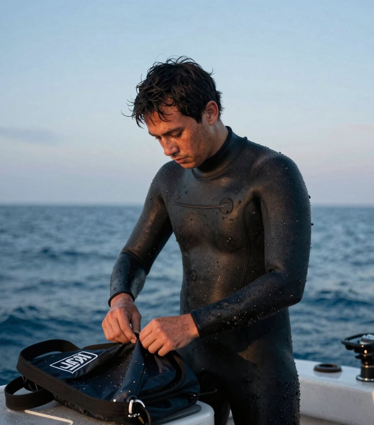 a man in a wet suit and goggles standing in front of the sun