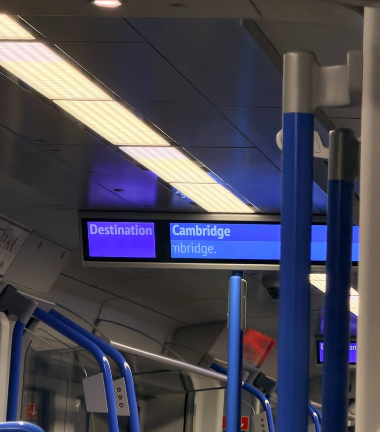 Great Northern (GN) National Rail, inside the train to Cambridge from London, UK