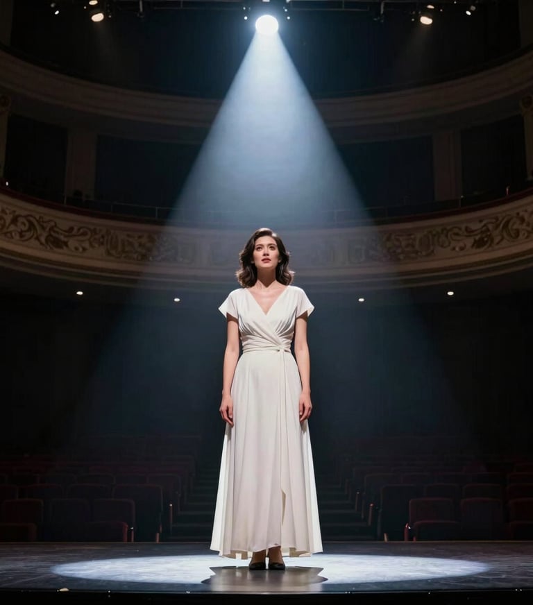 A full-scale production photograph from a North American opera house, showing a mezzo-soprano lead standing center stage under a single dramatic spotlight.