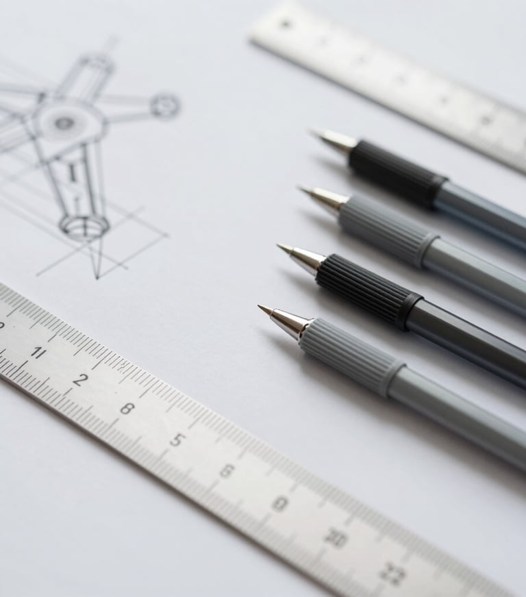 An abstract composition of architectural drafting tools, including a scale ruler and fine-liner pens, laid out neatly on a #F7F9FB surface.
