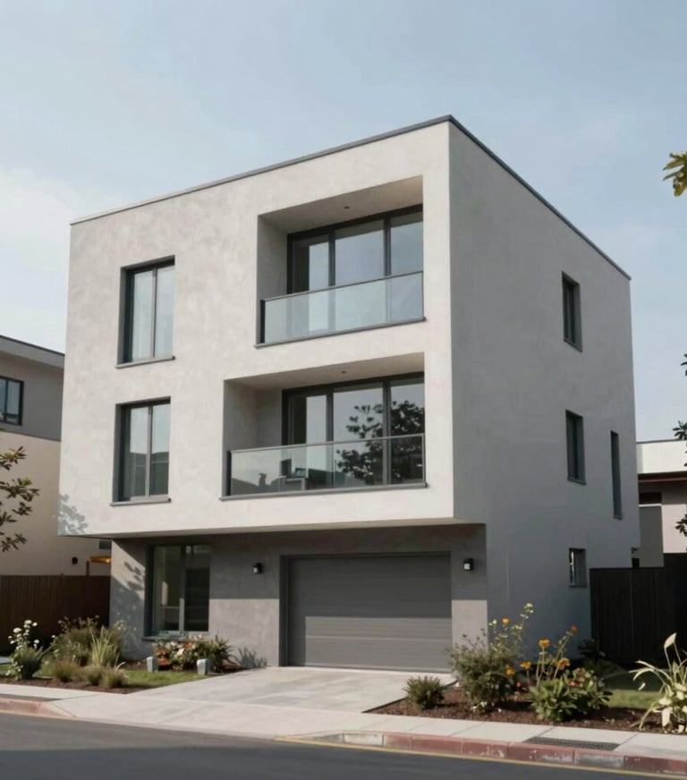 Daytime shot of a brutalist-inspired residential house with clean lines and large windows, surrounded by minimalist landscaping, featuring #D9D2C7 and #2F2E2E.