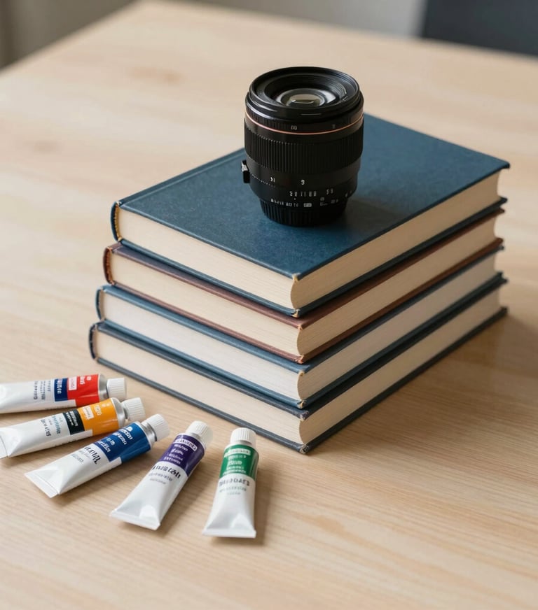 A still life photography piece featuring a stack of academic books and a set of professional paint tubes on a light beige wooden table.
