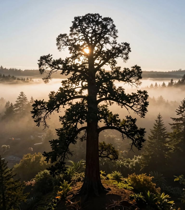 Aerial portrait of the South Eugene Sentinel sequoia, captured during the golden hour. The tree's silhouette is sharp against the misty Pacific Northwest landscape. High contrast, professional photography.