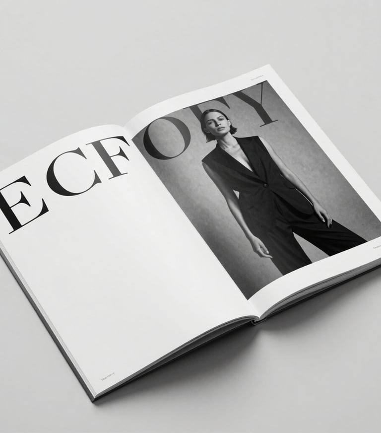 A high-fashion magazine spread with bold serif typography and black and white photography, laid flat on a light grey surface, #ECF0F1 and #0A1118.