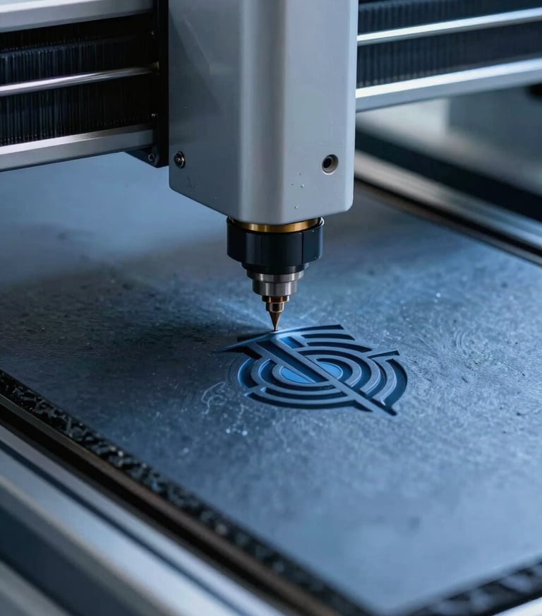 Close-up photography of a high-end laser engraving machine precisely etching a complex logo onto a dark slate blue powder-coated metal surface. The lighting is crisp and cool, catching soft sky blue highlights on the metallic edges. Set in a professional North American / US production studio.