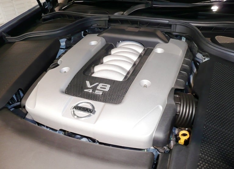 Nissan V8 engine bay showing high-performance engine components