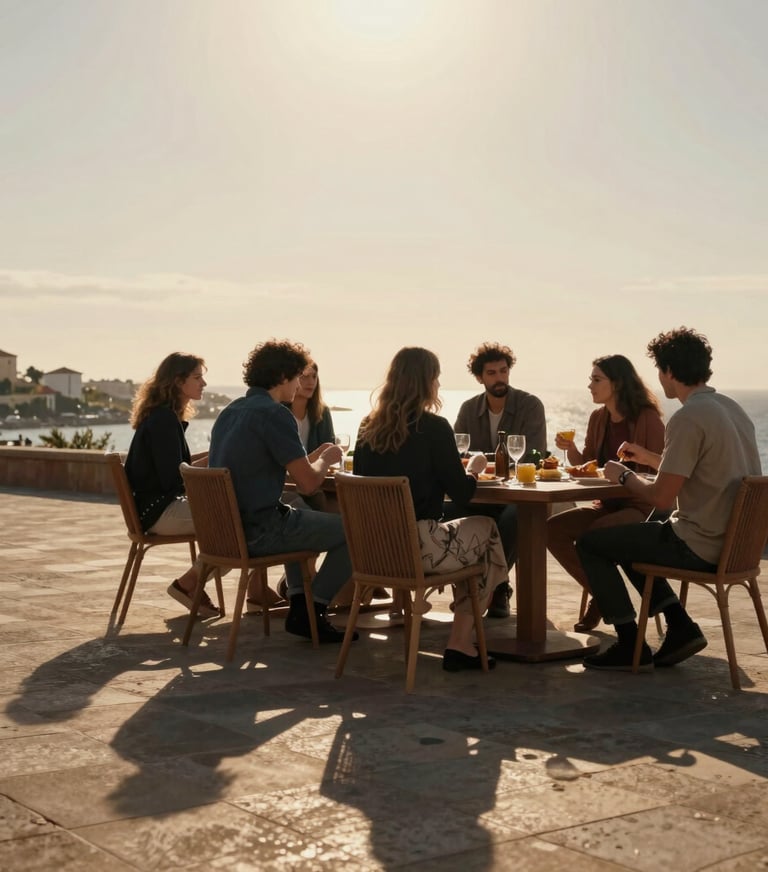 A group of friends sharing a meal outdoors at sunset, long shadows, charcoal and terracotta accents, cinematic European / Portuguese lifestyle.