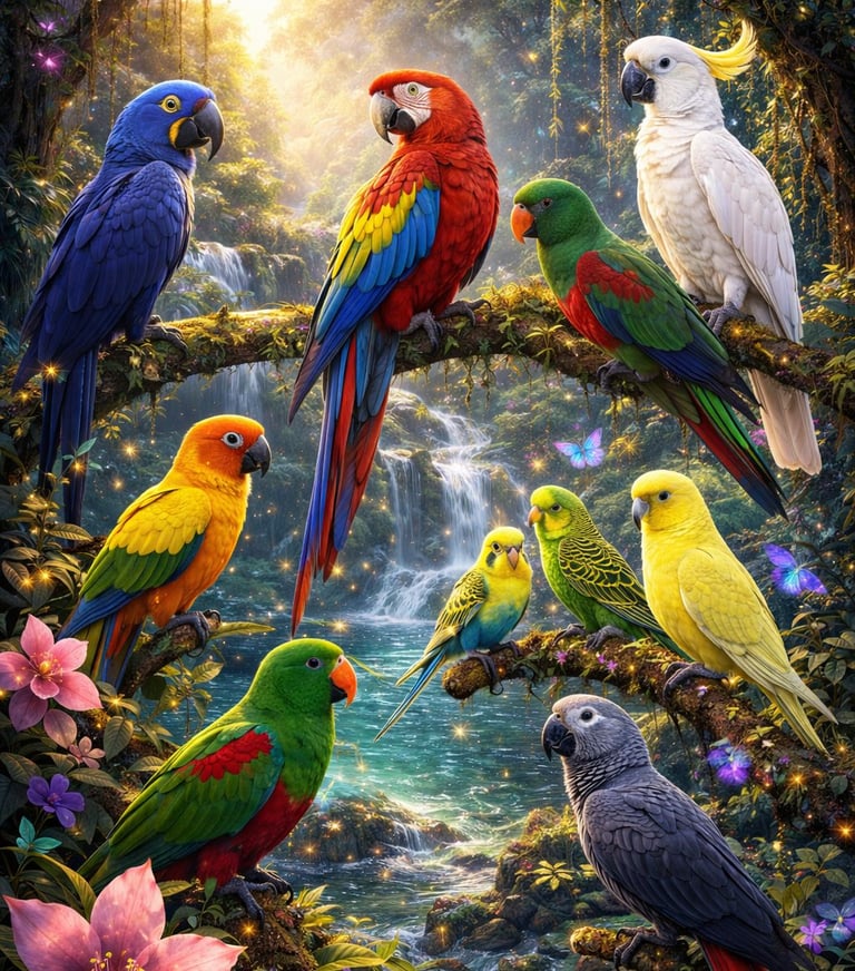 Colorful tropical parrots and macaws perched on branches near a jungle waterfall at sunset.