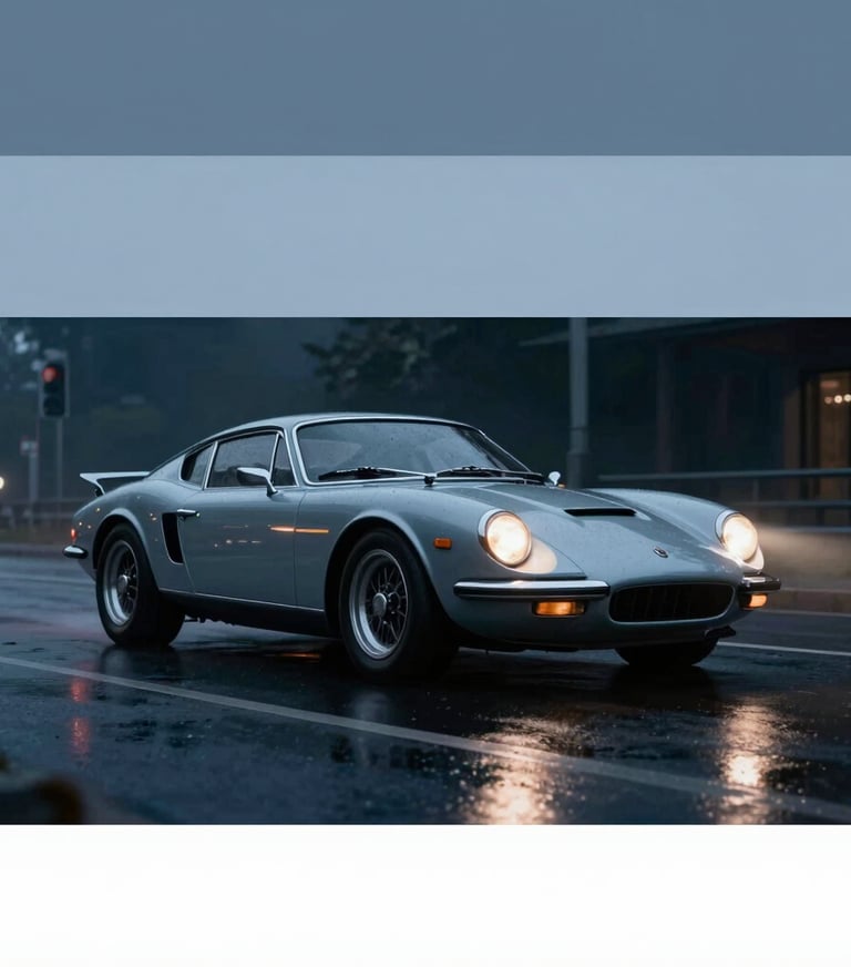 A cinematic still of a dramatic night scene featuring a vintage sports car with glowing reflections on wet asphalt. Sophisticated storytelling mood. Incorporating #1B263B, #415A77, #A0B0C0, #E0E1DD.